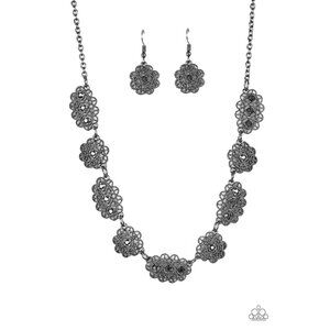 Paparazzi Vintage Vogue Black Rhinestone CZ Lacy Granny-core Necklace Earrings